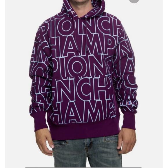 Champion Reverse Weave Purple Blue Logo Spellout Hoodie Sweatshirt Men's L Large - Picture 1 of 12